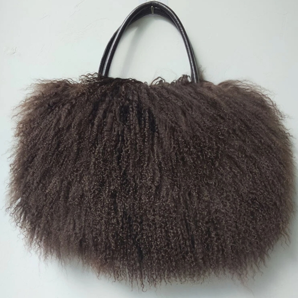 New Real Lamb Mongolian Flush Wool Fur With Genuine Leather Handles Handbag - Picture 3 of 7